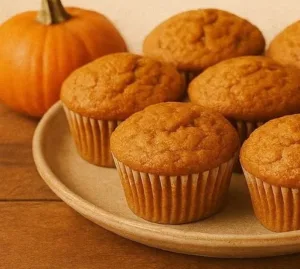 Grandma-Inspired Pumpkin Muffins 3 Grandma-inspired pumpkin muffins fresh out of the oven decorated with spices.