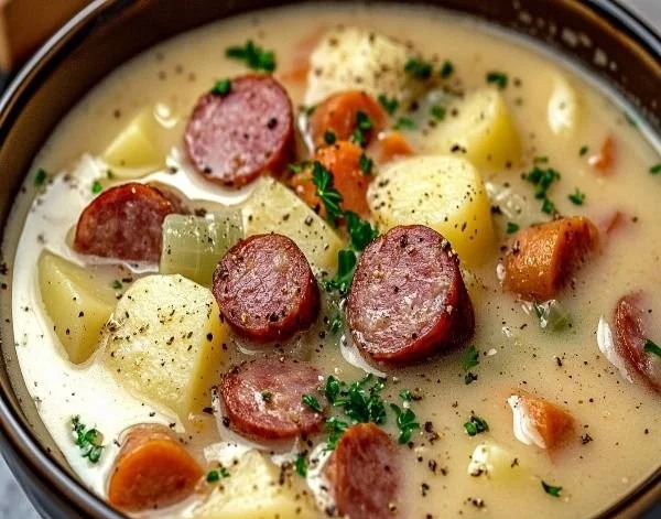 Delicious bowl of kielbasa potato soup with fresh herbs
