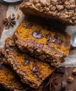 Pumpkin Chocolate Chip Streusel Bread Recipe 3 Pumpkin Chocolate Chip Streusel Bread with crumb topping on a wooden table