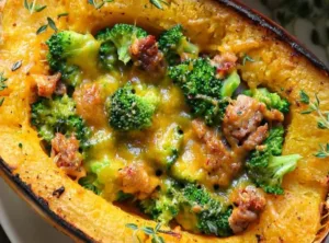 Stuffed Spaghetti Squash with Broccoli, Spicy Italian Sausage, and Cheddar Cheese 4 Stuffed spaghetti squash with broccoli, spicy Italian sausage, and cheddar cheese