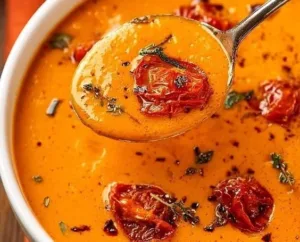 Bowl of creamy tomato bisque with roasted garlic garnished with herbs