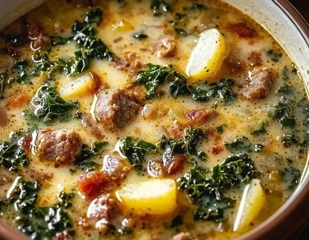 Bowl of delicious Tuscan Chicken Soup with vegetables and herbs