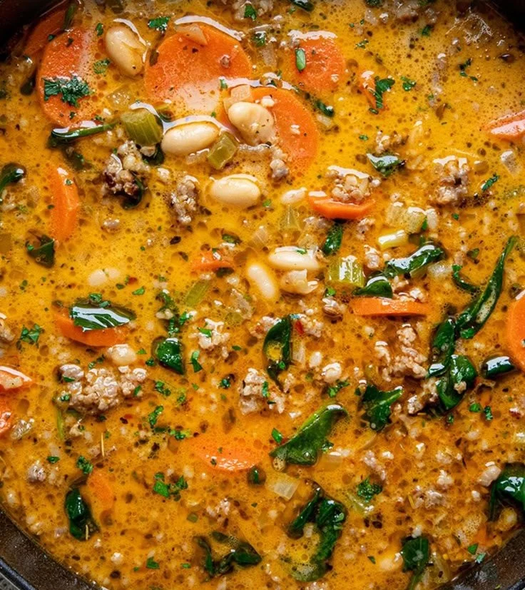 Bowl of Tuscan White Bean Soup garnished with fresh herbs and bread