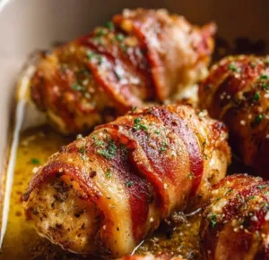 Bacon Wrapped Garlic Parmesan Chicken 3 Bacon Wrapped Garlic Parmesan Chicken on a plate with herbs