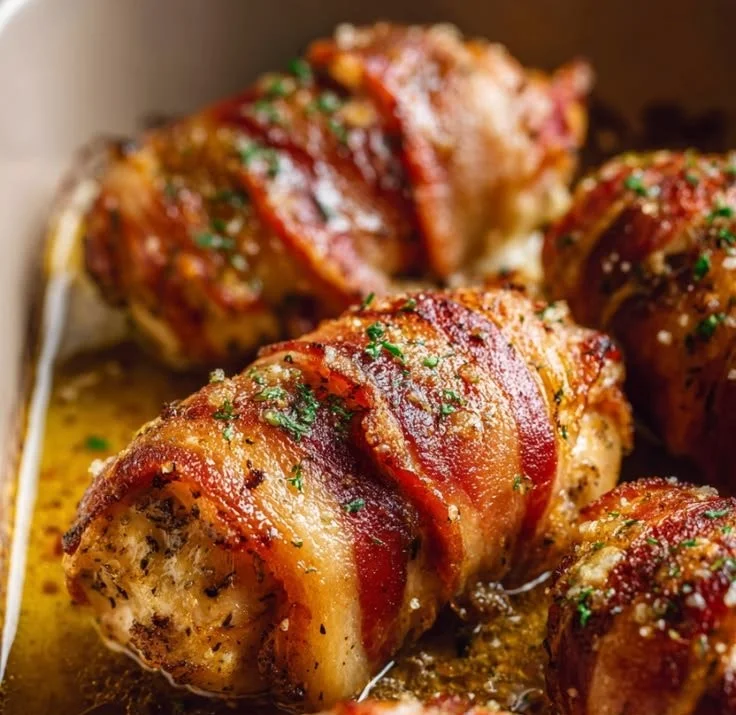 Bacon Wrapped Garlic Parmesan Chicken 2 Bacon Wrapped Garlic Parmesan Chicken on a plate with herbs