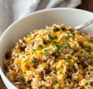Cheesy Ground Beef and Rice Casserole 5 Cheesy Ground Beef and Rice Casserole topped with melted cheese and spices