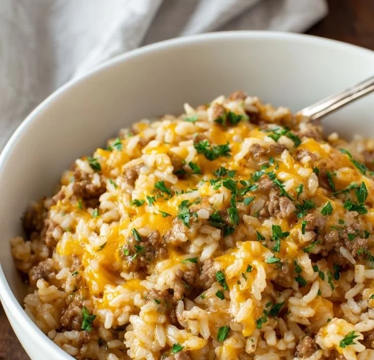 Cheesy Ground Beef and Rice Casserole 2 Cheesy Ground Beef and Rice Casserole topped with melted cheese and spices