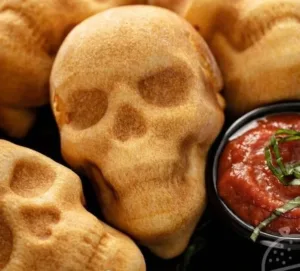 Cheesy Pizza Skulls 4 Cheesy pizza skulls served as a fun Halloween snack