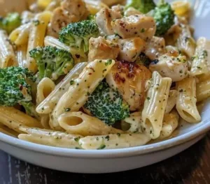 Delicious chicken broccoli pasta served in a bowl with fresh herbs