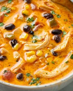 Chicken Enchilada Soup 4 A hearty bowl of Chicken Enchilada Soup garnished with cilantro and avocado