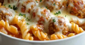 Delicious dump and bake meatball casserole topped with melted cheese.