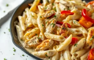 Easy Creamy Rattlesnake Pasta 3 Delicious creamy rattlesnake pasta topped with herbs and spices.
