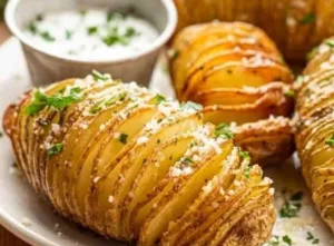 Easy Hasselback Potatoes 3 Deliciously prepared easy Hasselback potatoes topped with herbs and spices.