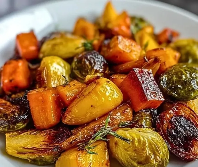 Plate of easy maple roasted veggies for Thanksgiving dinner