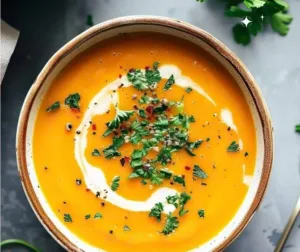 Easy Spicy Butternut Squash Sweet Potato Soup 6 Bowl of easy spicy butternut squash sweet potato soup garnished with herbs.