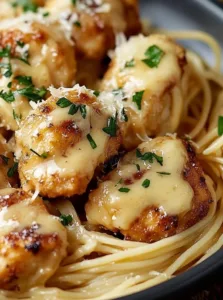 Garlic Butter Chicken Bites with Creamy Parmesan Pasta 3 Garlic Butter Chicken Bites served with creamy Parmesan pasta on a plate
