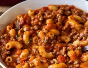 Creamy goulash served in a bowl with fresh herbs on top