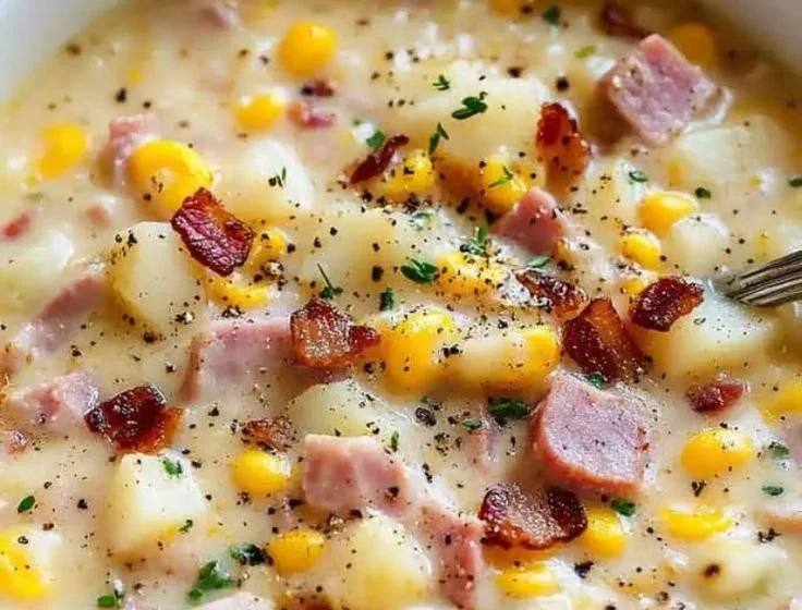 Ham and Potato Corn Chowder 2 Bowl of Ham and Potato Corn Chowder garnished with herbs