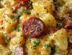 Kielbasa Sausage Cheesy Potato Casserole 5 Kielbasa sausage cheesy potato casserole served in a baking dish