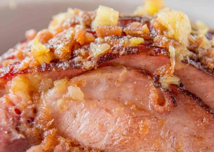 Slow cooker brown sugar pineapple ham ready to serve with glaze