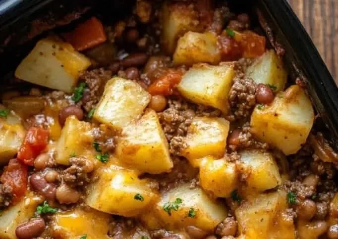 Delicious Slow Cooker Cowboy Casserole in a rustic dish