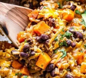 Southwest Sweet Potato, Black Bean and Rice Skillet 5 Southwest sweet potato skillet with black beans and rice in a vibrant dish
