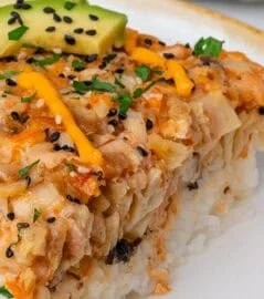 Sushi Bake Easy and Extra Creamy 6 Deliciously creamy Sushi Bake served in a dish with toppings