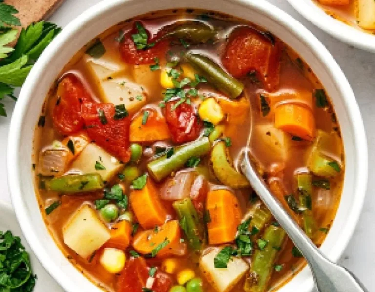Bowl of the best vegetable soup with fresh vegetables and herbs