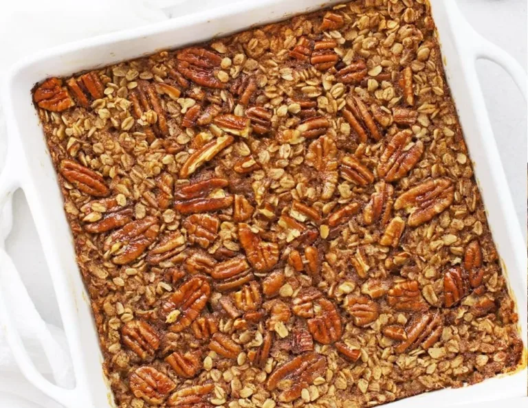 Delicious gluten-free and vegan pecan pie baked oatmeal served in a bowl
