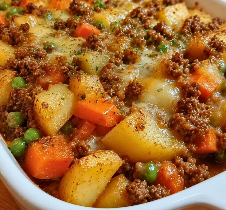 Delicious easy cheesy hobo casserole with ground beef and potatoes