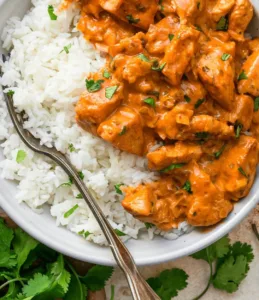 Delicious easy coconut chicken rice bowl with fresh ingredients