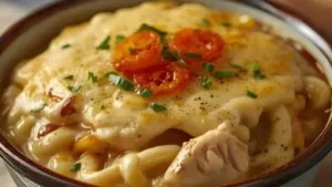 Easy Creamy Chicken Pot Pie Orzo 6 Easy creamy chicken pot pie orzo topped with herbs in white bowl