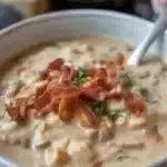 Bowl of creamy cowboy soup topped with fresh herbs and spices
