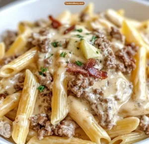Bacon cheeseburger pasta with creamy Alfredo sauce and toppings