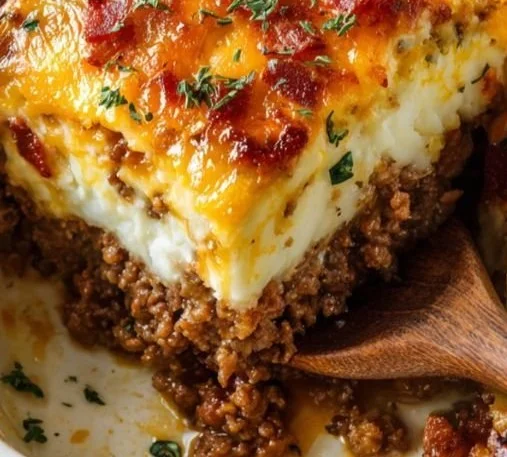 Delicious easy meatloaf with creamy mashed potatoes and melted cheese on top.