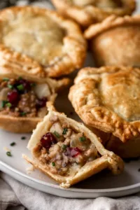 Easy Mini Thanksgiving Turkey and Cranberry Pot Pies 3 Mini Thanksgiving turkey and cranberry pot pies on a festive table