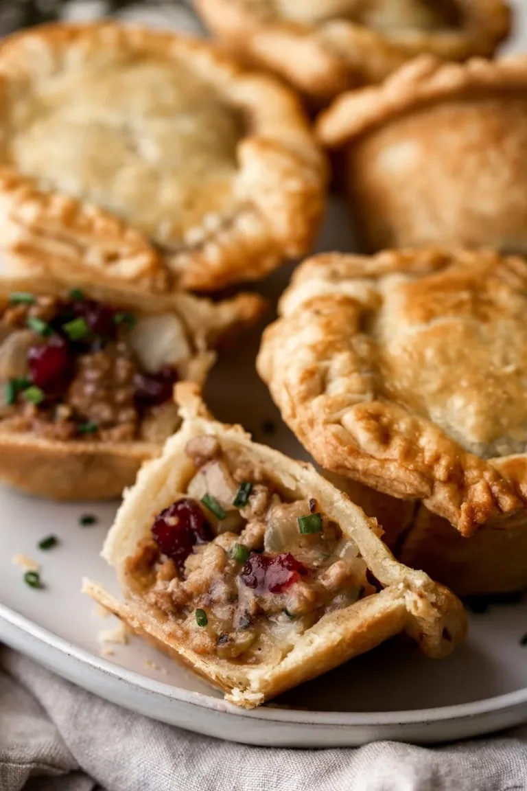 Mini Thanksgiving turkey and cranberry pot pies on a festive table