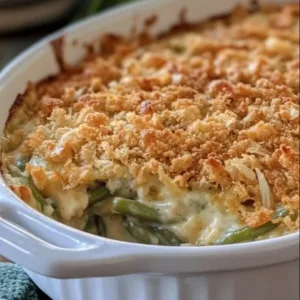 Easy Southern Green Bean Casserole for Thanksgiving 5 Southern green bean casserole with crispy onions and creamy sauce for Thanksgiving
