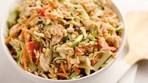 Home Loinzou 5 Bowl of Easy Thai Peanut Chicken Crunch Slaw Salad with vibrant vegetables