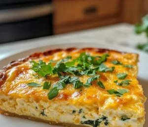 Delicious light cottage cheese quiche served on a plate with fresh herbs