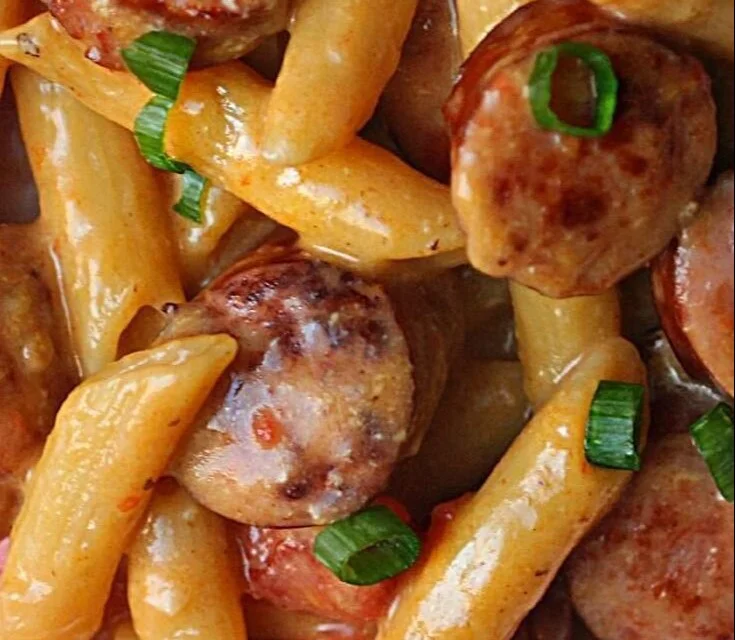 One pan cheesy sausage pasta cooked with smoked sausage and cheddar cheese