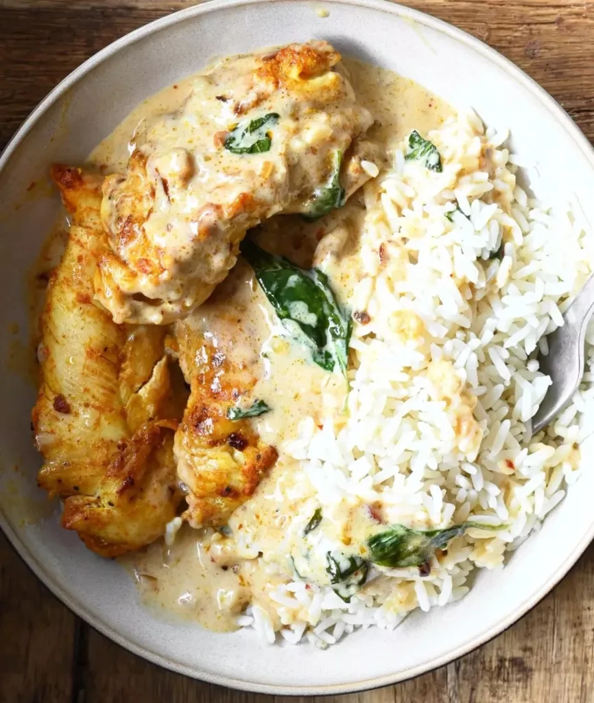 Home Loinzou 2 Delicious coconut basil chicken served with fresh herbs and coconut sauce.