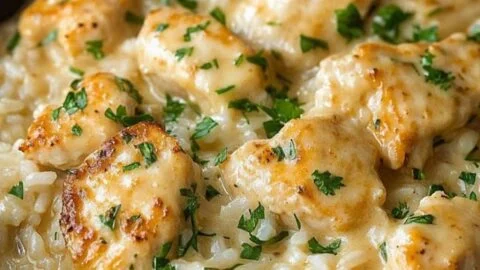 Simple cheesy chicken and rice dish served in a bowl
